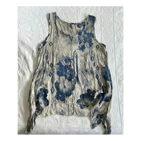 Bella Amore Italy Tunic Top Blue Beige Floral Hankie Hem Viscose Lagenlook Sz S - Picture 8 of 10
